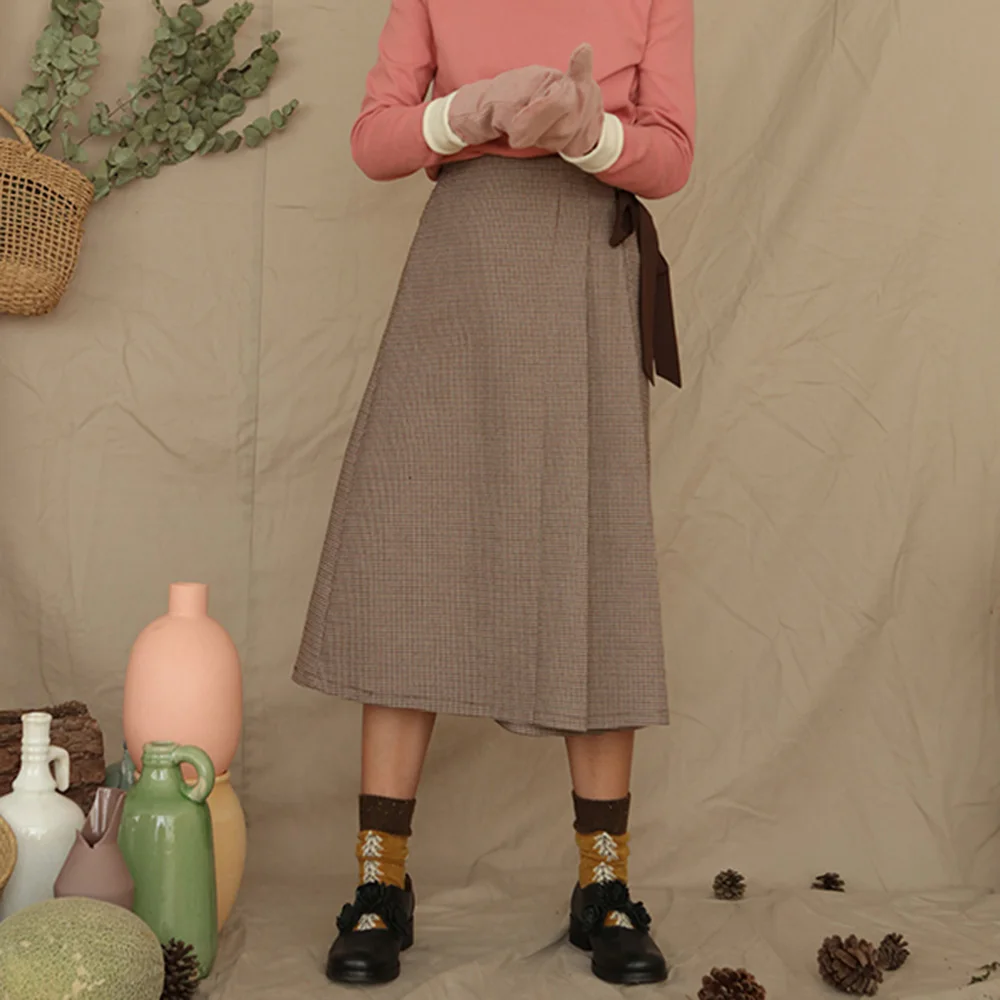 

Fall 2019 Girls Elegant Khaki Retro Plaid Skirt British Style A-Line Vintage Skirt Spring Patchwork Bowknot Mid-Calf Plaid Skirt