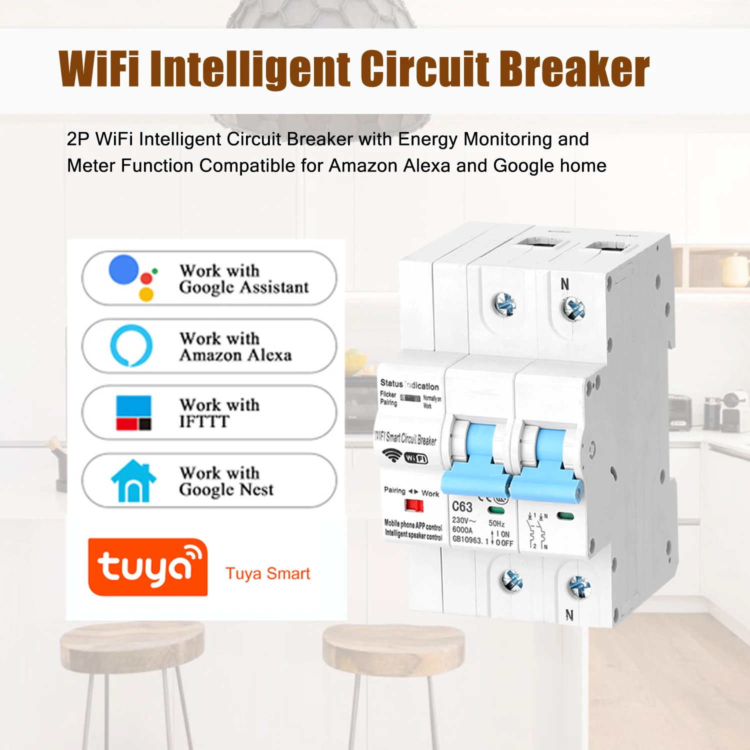 2P40A/63A WiFi Интеллектуальный выключатель с функцией мониторинга энергии и счетчика, совместимый для Amazon Alexa и Google home