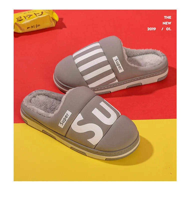 ASIFN Male Slippers with Fur Indoor Cotton Winter Men Waterproof Non-slip Warm Home Half-pack Female Slippers Couple