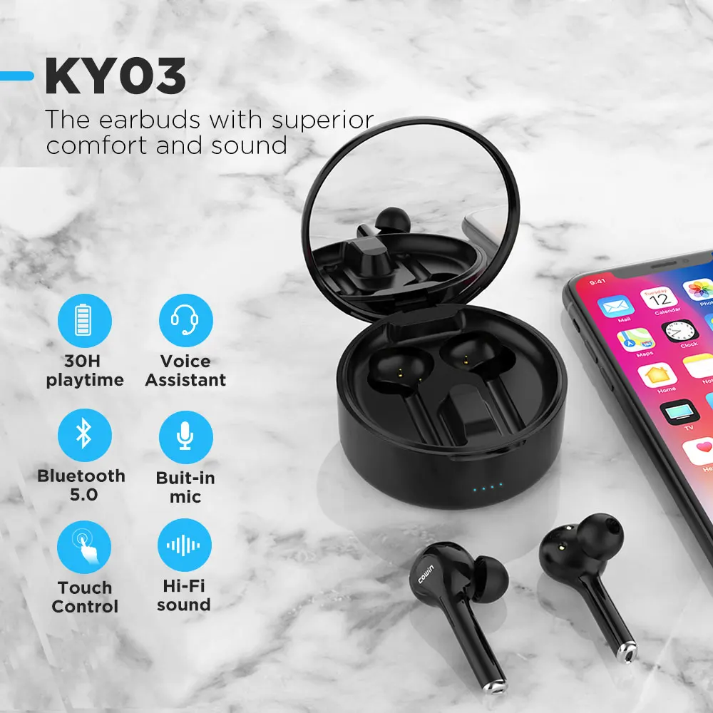 COWIN KY03 Bluetooth 5.0 Earphone TWS Sport Wireless Earbuds waterproof mini Deep Bass Headset with Charging box Mic for phones