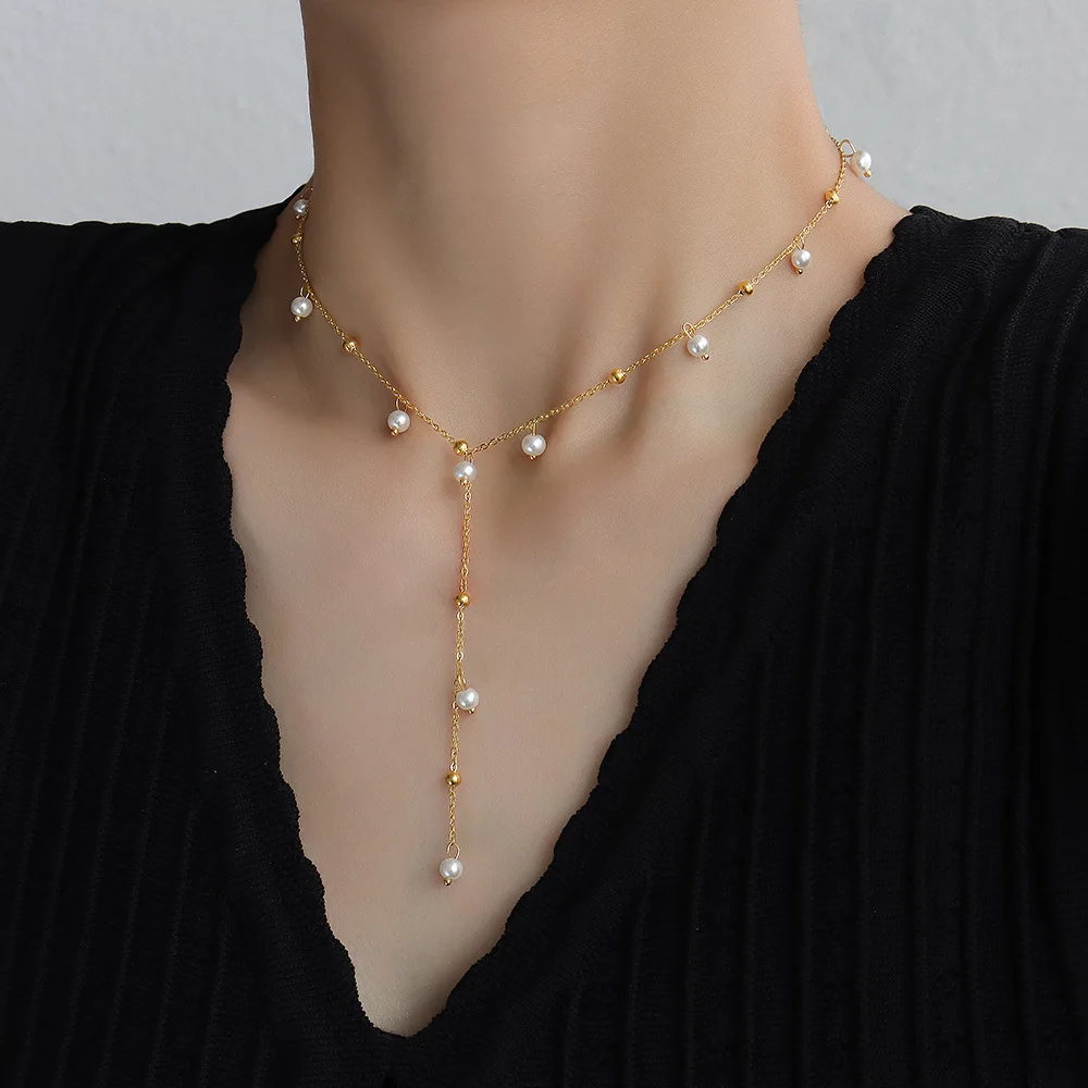 Dainty Stainless Steel Pearl Drop Y Shaped Necklace High Quality