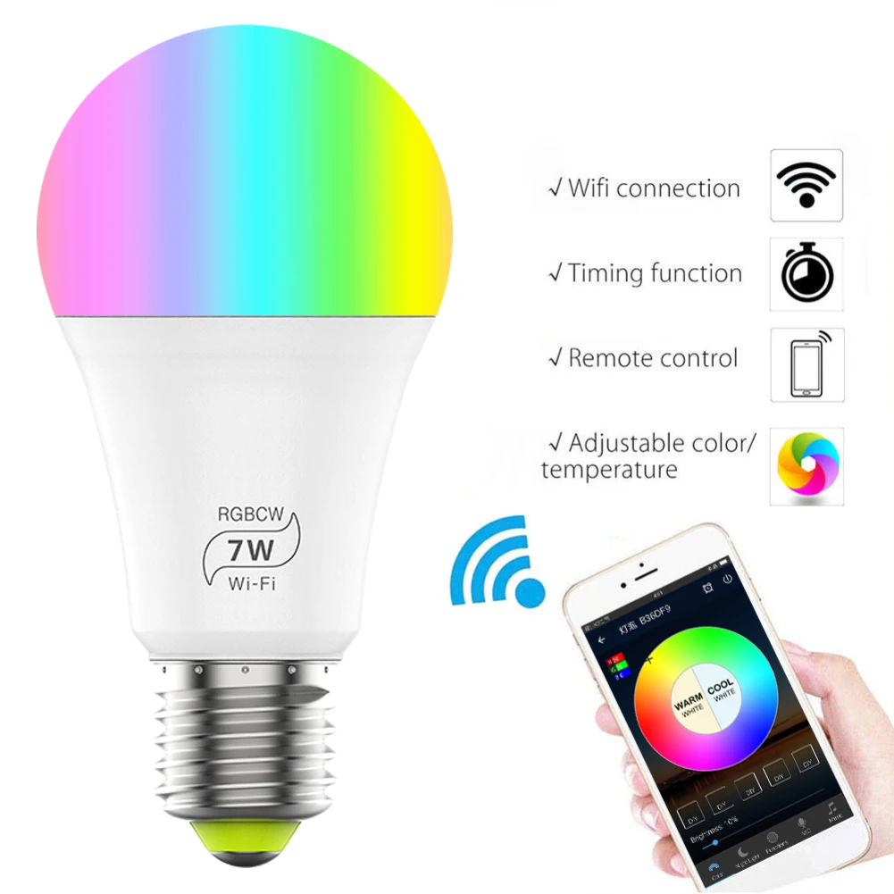 Wifi-патрон, умный свет лампы светодиодный светильник 7 Вт RGB Волшебная осветительная лампа E27 Пробуждение огни совместимы с Alexa Google Assistant