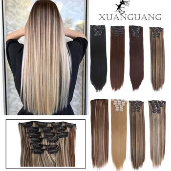 

XUANGUANG Long Straight Synthetic Hair Extensions 12 colors 16 clips 22 inch 160g Clips in High Temperature Fiber Hair Piece
