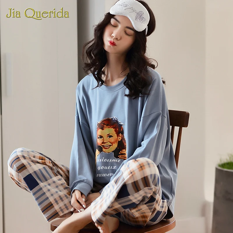 New Women Pajamas Women Clothes 2020 Spring Homesuit Homeclothes Crew Neck  Long Sleeve Long Plaid Pants Printing Pajamas Set