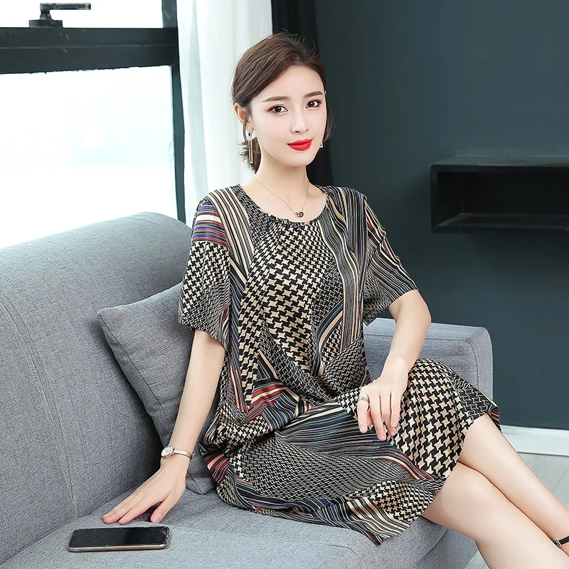

Elegant Silk Dress Hangzhou 2019 Summer New Style Short Sleeve Loose And Plus-sized Slimming Mulberry Silk Skirt