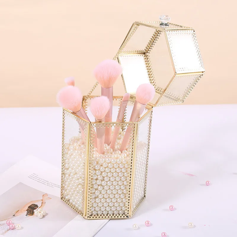 Geometric Glass Makeup Brush Box Holder Jewelry Box Pencil Bucket Makeup Organizer Desktop Cosmetic Storage Box Pearls Barrel - Цвет: 04 Hexagon box