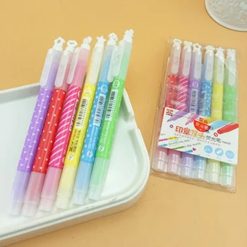 

6pcs Stamp Highlighter Pen Dual-side Painting Drawing Liner Marker Scrapbooking Star Flower Office School Art Supplies H6689
