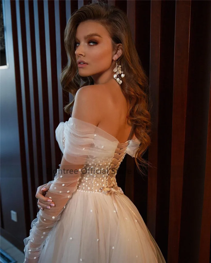 Eightree Champagne Wedding Dresses Sexy Split Side Dots Tulle Long Sleeve Bride Dress 2021 Off Shoulder Cheap Wedding Gowns Plus