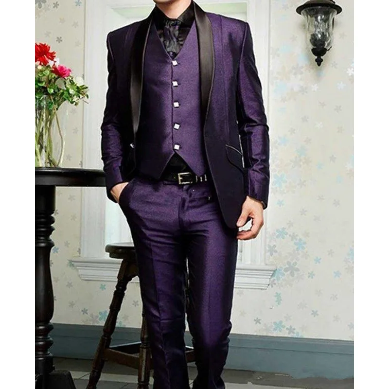 

High Quality One Button Purple Groom Tuxedos Shawl Lapel Groomsmen Mens Wedding Dresses Prom Suits (Jacket+Pants+Vest) A169