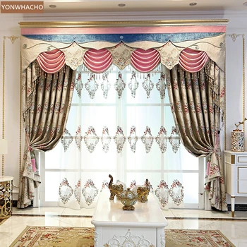 

Custom curtains high-grade jacquard European living room chenille yellow brown cloth blackout curtain valance tulle panel C053
