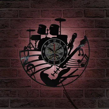 

7color Guitar and Drum Kits Wall Clock Guitar Player Music Vinyl Record Clock Rock Music Instrument Guitar Wall Art Rock gift