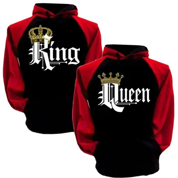 

Print Letter King and Queen Couples Spring Women Sweatshirt 2020 Streetwear Red Black Pacthwork Clothing Pullovers hoodies