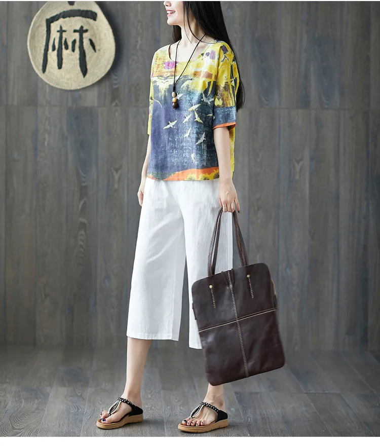 Хлопок, художественные, большие размеры, искусственный хлопок, лен, Капри, женские, лето, стиль, свободные, широкие, прямые