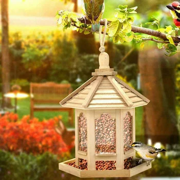 

Outdoor Hanging Wooden Squirrel Proof Seed Feeder Portable for Wild Birds Seeds Feedings DIN889