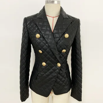 

2020 Latest WOMEN'S PU Coat Double Breasted Slim Fit Stitching Diamond Lattice Blazer Jacket