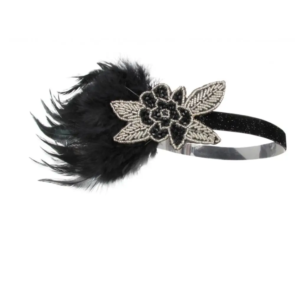 Women's Vintage Feather Headband, Black Rhinestone Applique 20s Flapper Headband - Roaring 1920s Headpiece - Shiny Elastic Band