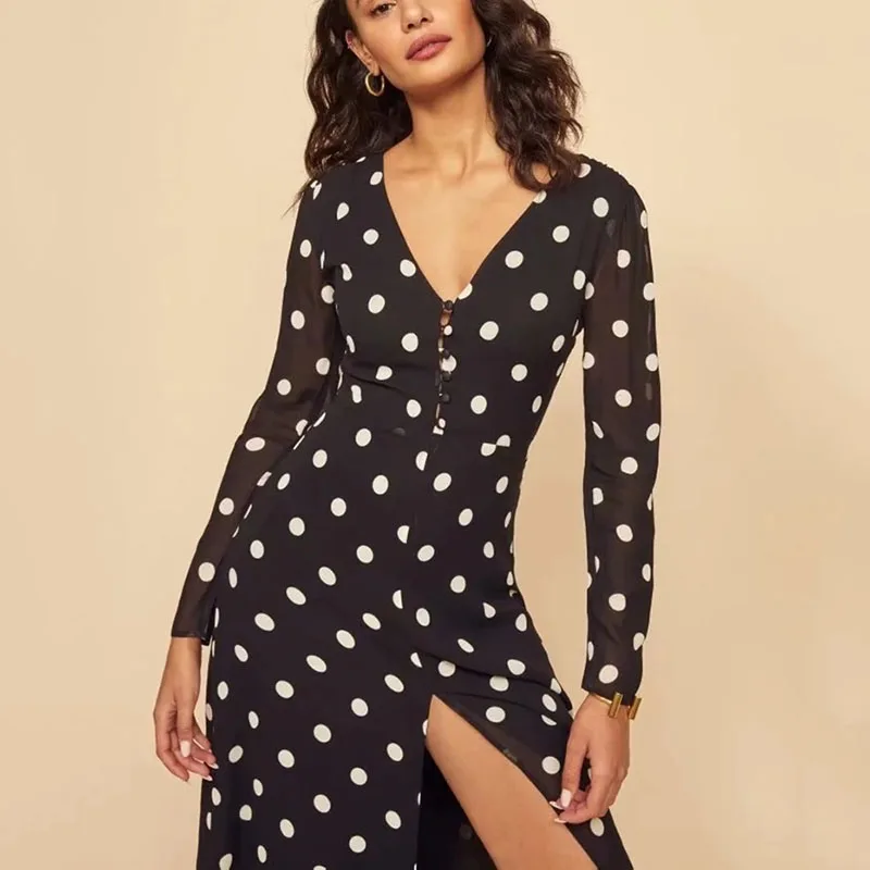 

Floral Women Elegant Long sleeve Split Party Dress Wrap Work Wear Office Dress Streetwear Retro Long Dress