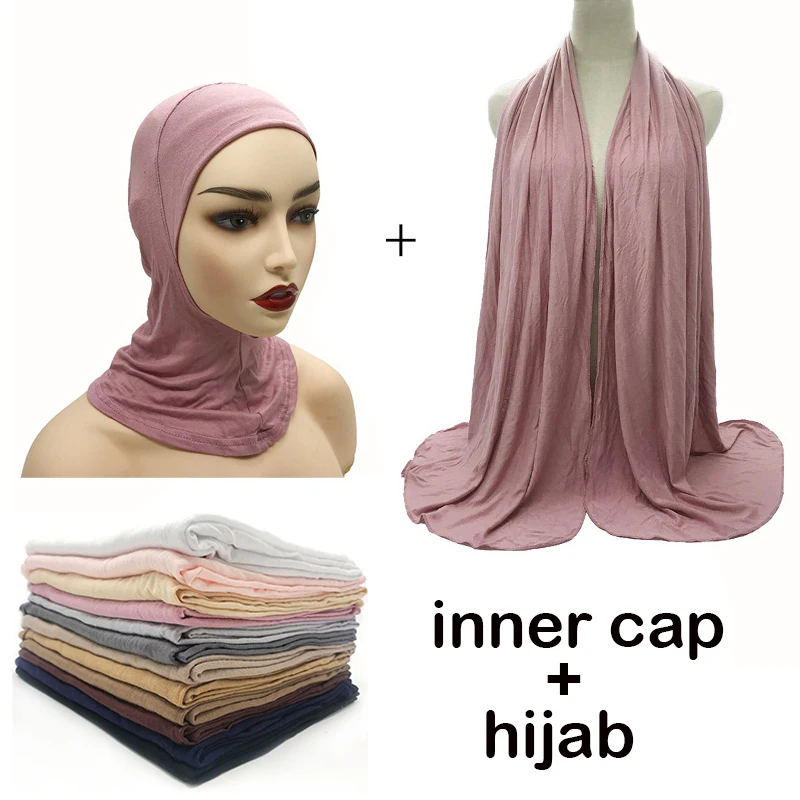 

Jersey Scarf Women Two Piece Set Elasticity Cotton Turban Hat Shawl Elegant Modest Muslim Hijab Scarf Good Quality Scarves Shawl