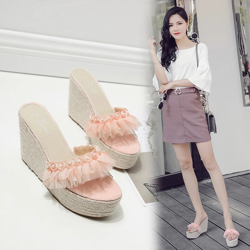 

2017 Summer New Style Korean-style Woven Flax Slanted Heel Transparent Pearl Sandals Chiffon Lace Sandals Powder