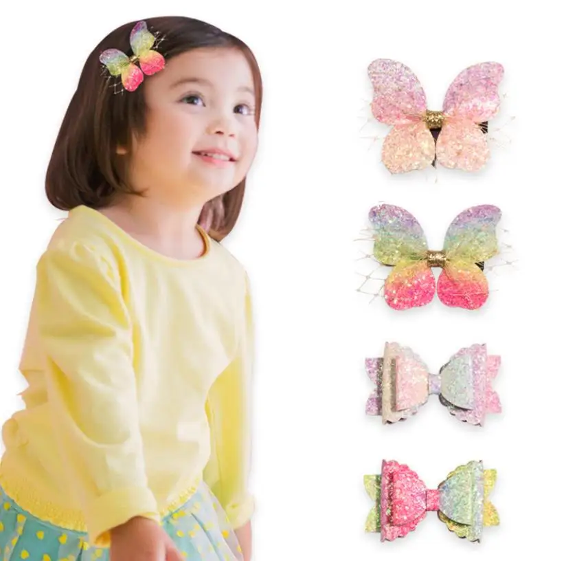 2pcs Girls Handmade Sequins butterfly Hair Clips Shiny Glitter Cute Hairpins Daily School Barrettes Headwear Accessoires J116