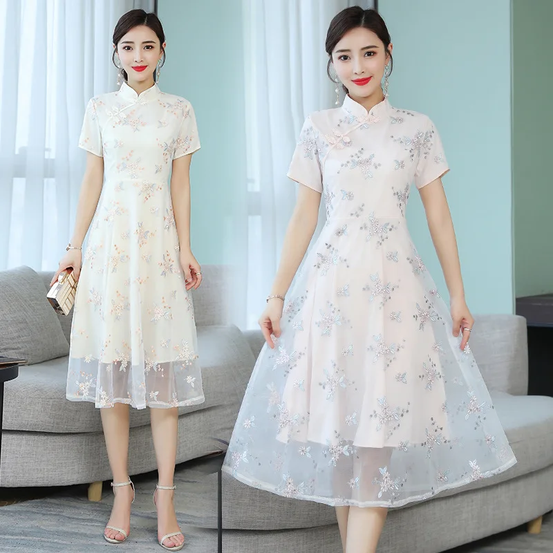 

2019 Summer New Style Mid-length Retro Embroidered Embroidery Formal Dress Improved Cheongsam Dress Women's