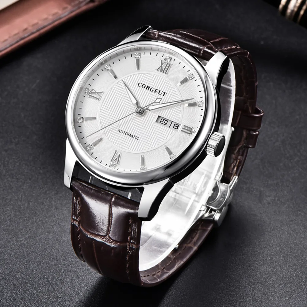 

Week Calendar Display Fashion Watch Men Stainless Steel Sapphire Crystal Leather Mens Automatic Mechanical Watches Waterproof