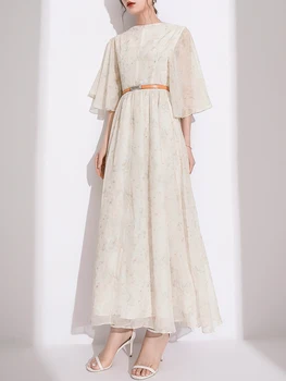 

2020 Summer New French Retro Temperament Small Fragrant Floral Chiffon Dress Waist Temperament Long Skirt
