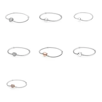 

925 Sterling Silver Bracelets Diy Round Shape Rose Gold Heart Crystal Buckle For Women Diy Beads Size 16 17 18 19 20