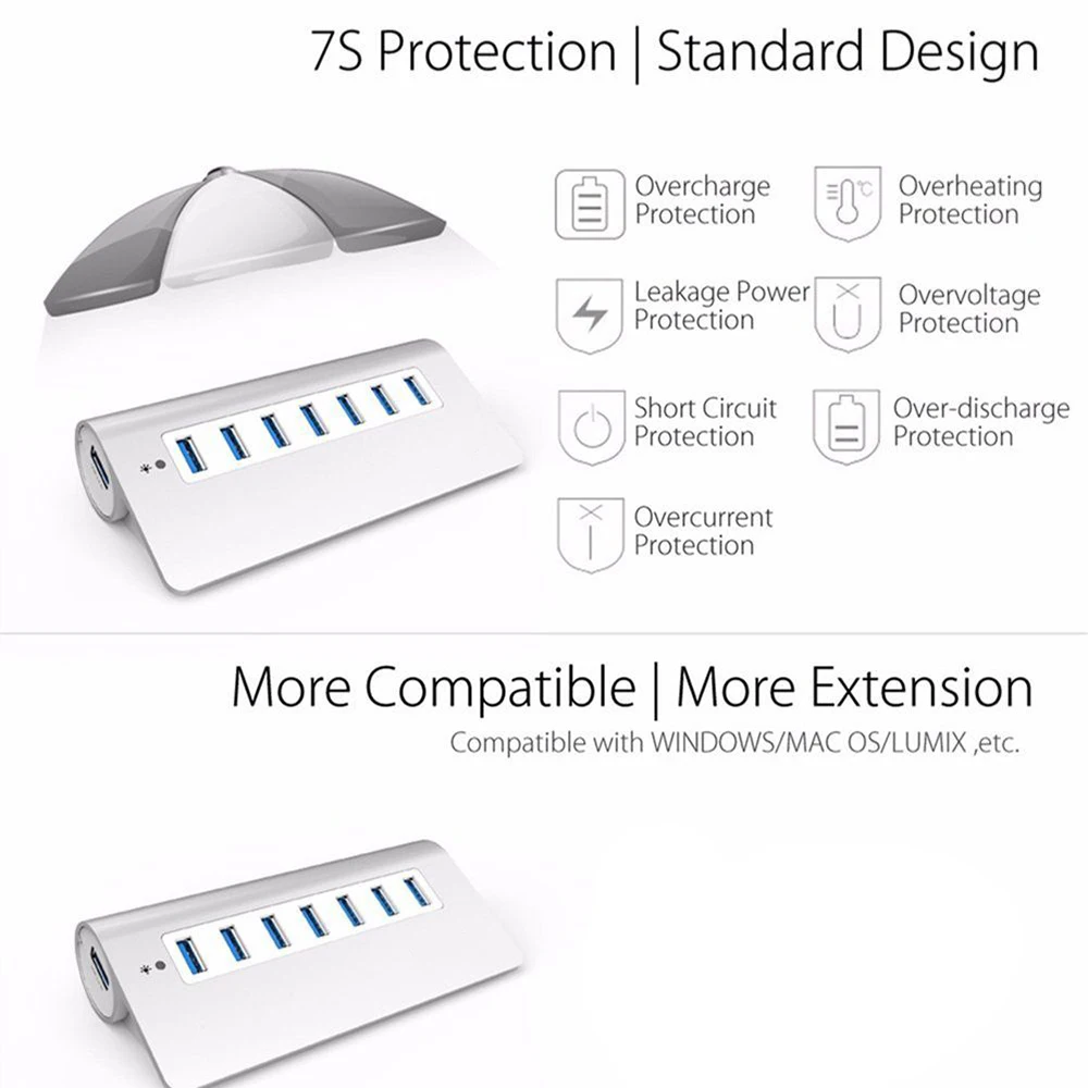 7 портов Алюминиевый USB 3,0 концентратор 5 Гбит/с высокоскоростной+ AC адаптер питания для ПК ноутбука Mac iMac MacBook Pro