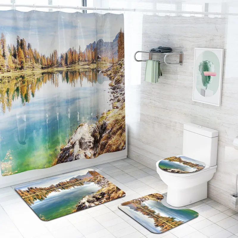 Водостойкая 3D занавеска для душа с водоотталкивающим пейзажем для ванной комнаты с изображением неба и озера, набор ковриков для ванной, крышка для унитаза, домашний декор - Цвет: D 4PCS