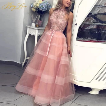 

Pink Prom Dress 2020 Long Ball Gown Party Dress Halter Neck Beading Appliques Formal Young Girl Vestido Tiered Evening Dress