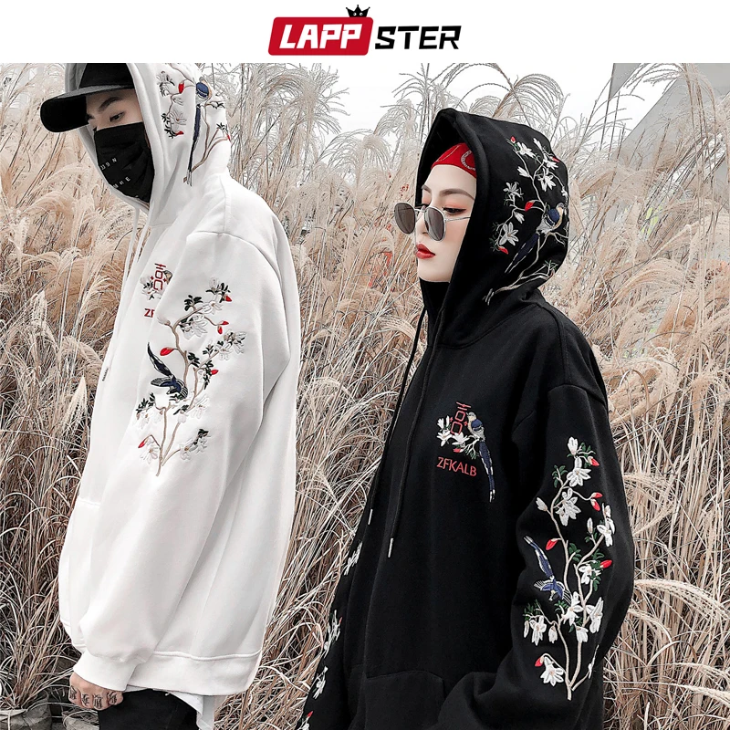 LAPPSTER пара цветок вышивка Harajuku толстовки с капюшоном мужские японские уличные толстовки осень негабаритных женское худи
