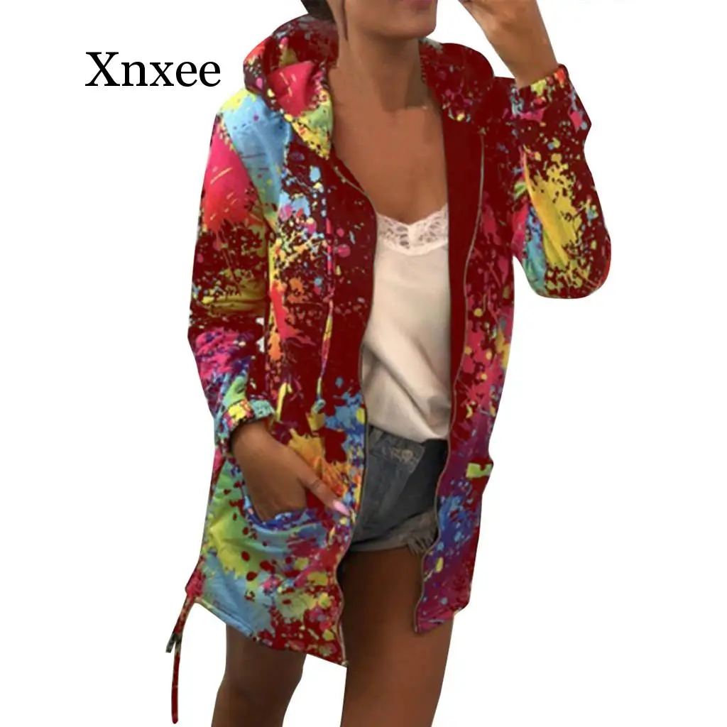 rainbow Tie-dye Autumn summer women's Casual long sleeve top Tie dyeing Print Coat Outwear Sweatshirt Hooded Jacket Overcoat