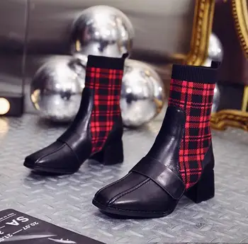 

Stretch knit socks boots women's short boots 2019 new square head thick with Martin boots female autumn and winter tide