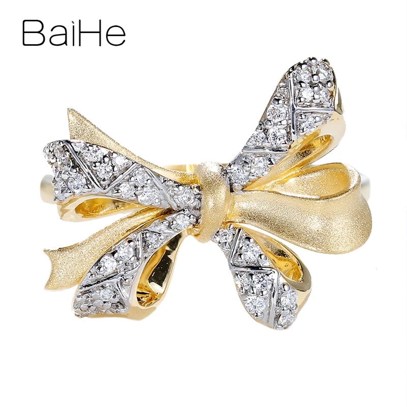 Yellow Gold BAIHE Твердые 14 к желтое золото 0.14ct круглые натуральные бриллианты ювелирные изделия для женщин Свадебные модные ювелирные изделия на заказ ювелирные изделия кольцо с бантом - Цвет камня: Yellow Gold