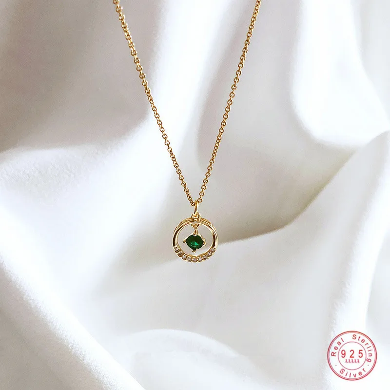 925 Sterling Silver Emerald Crystal Geometric Circle Pendant Clavicle Chain Necklace Women 14k Gold Plating Simple Party Jewelry