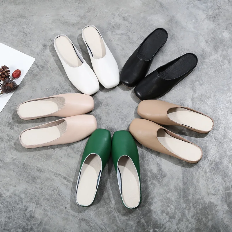 Мюли женские из натуральной кожи с квадратным носком шлепанцы мягкой подошвой