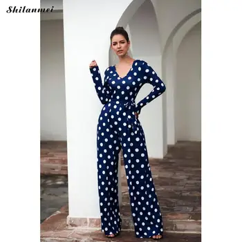 

2019 Autumn Polka Dot Jumpsuits Spring Casual Dot Print Wide Leg Playsuits Women Long Sleeve Deep V Fashion Long Jumpsuits