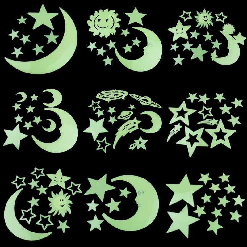 Pegatinas de Pared luminosa que brillan en la oscuridad, estrellas fluorescentes, juguetes de plástico, Luna, sol para niños, dormitorio, calcomanía de techo, decoración del hogar