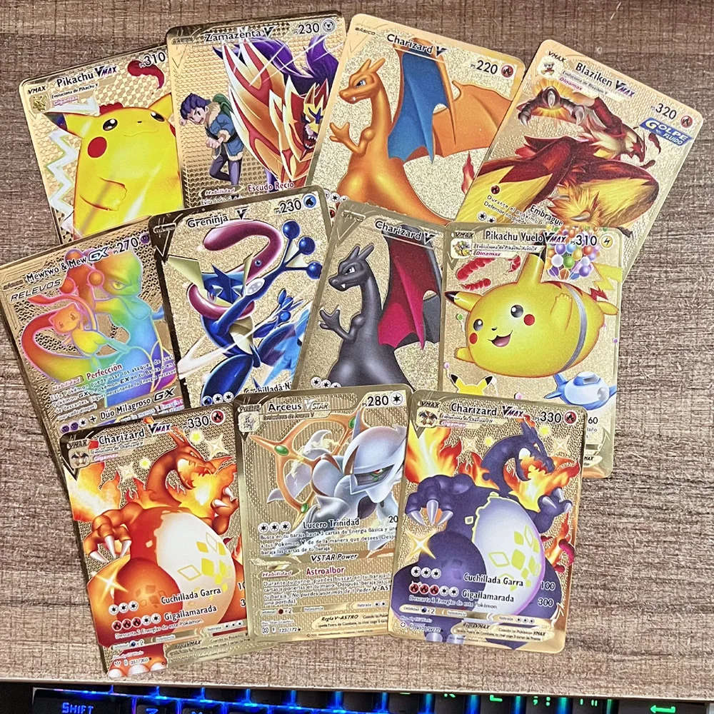 Spanish Pokemon Metal Card Vmax Original PIKACHU Charizard Gold Game  Collection Cards