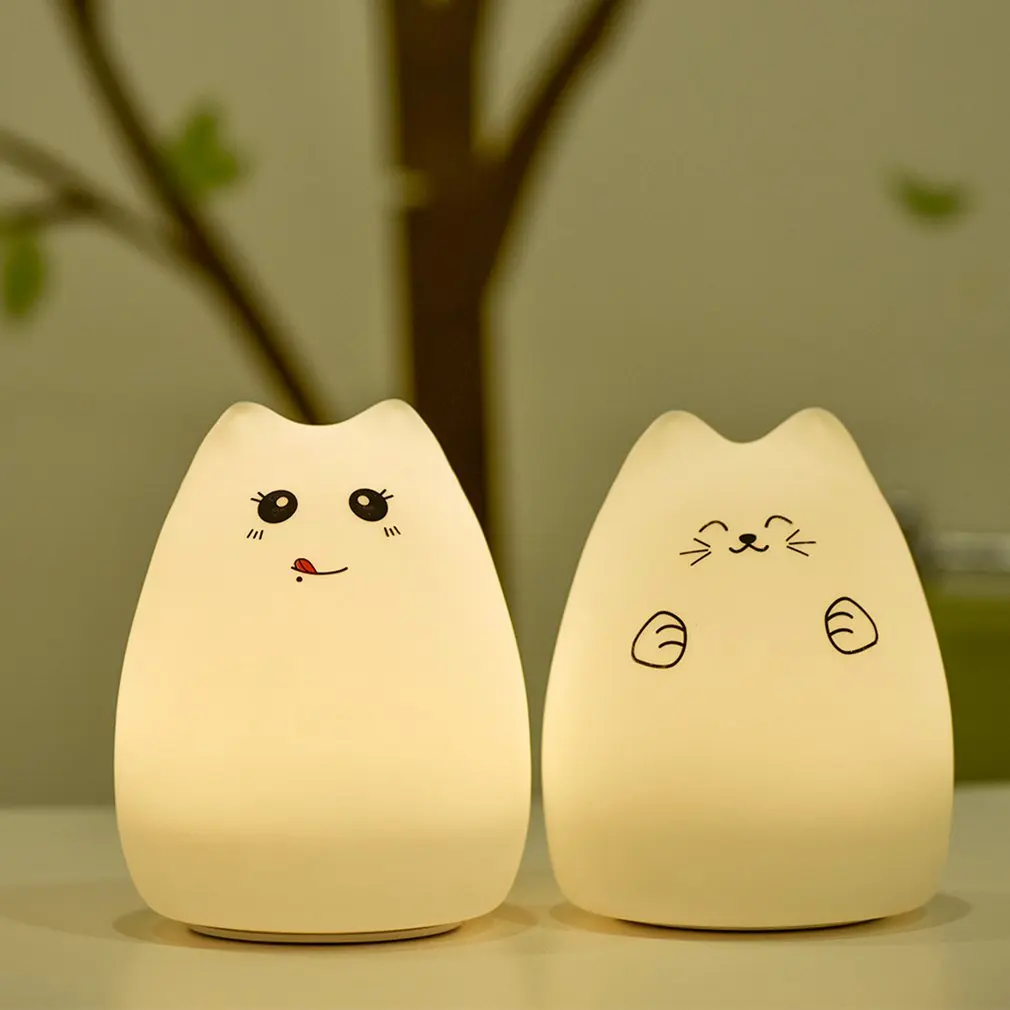 Cutely USB rechargeable LED Colorful Night Light Animal Cat stype Silicone Soft Breathing Cartoon Baby Nursery Lamp
