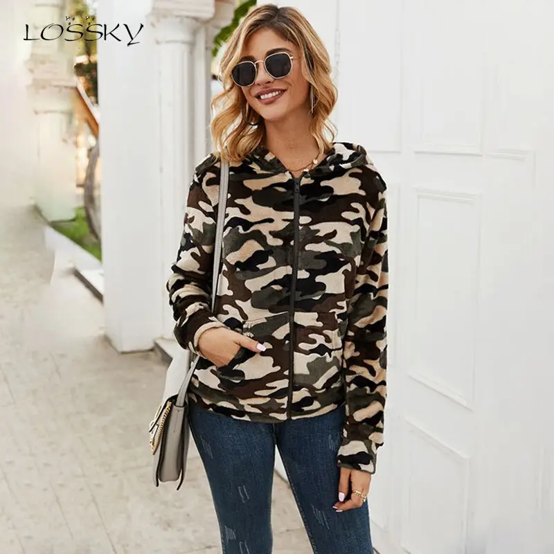 

Lossky Hoodies Sweatshirt Tops Women Camouflage Print Autumn Winter Plush Warm Long Sleeve Zip Up Hoody Jacket Clothes Fall 2019