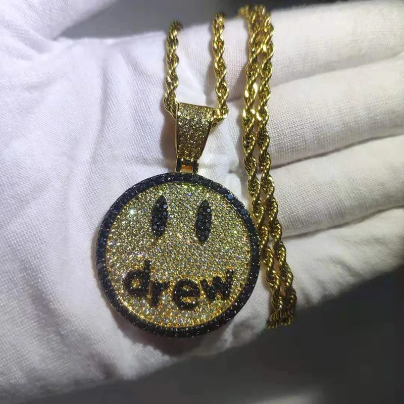 Хип-хоп рэпер Полный AAA CZ Циркон лед из Bling Drew улыбающееся лицо Подвески ожерелье для мужчин женщин любителей ювелирные изделия золото серебро