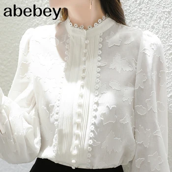 

Patchwork Lace Women's Shirts Lantern Long Sleeves Stand Collar Korean Shirt Blouse Female 2020 Autumn Fashion New M-3XL