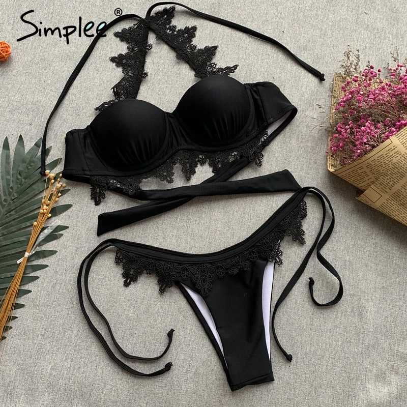 Женский черный кружевной купальник Simplee, привлекательный женский купальник для купания, набор бикини с высоким вырезом, купальный костюм для плавания летом