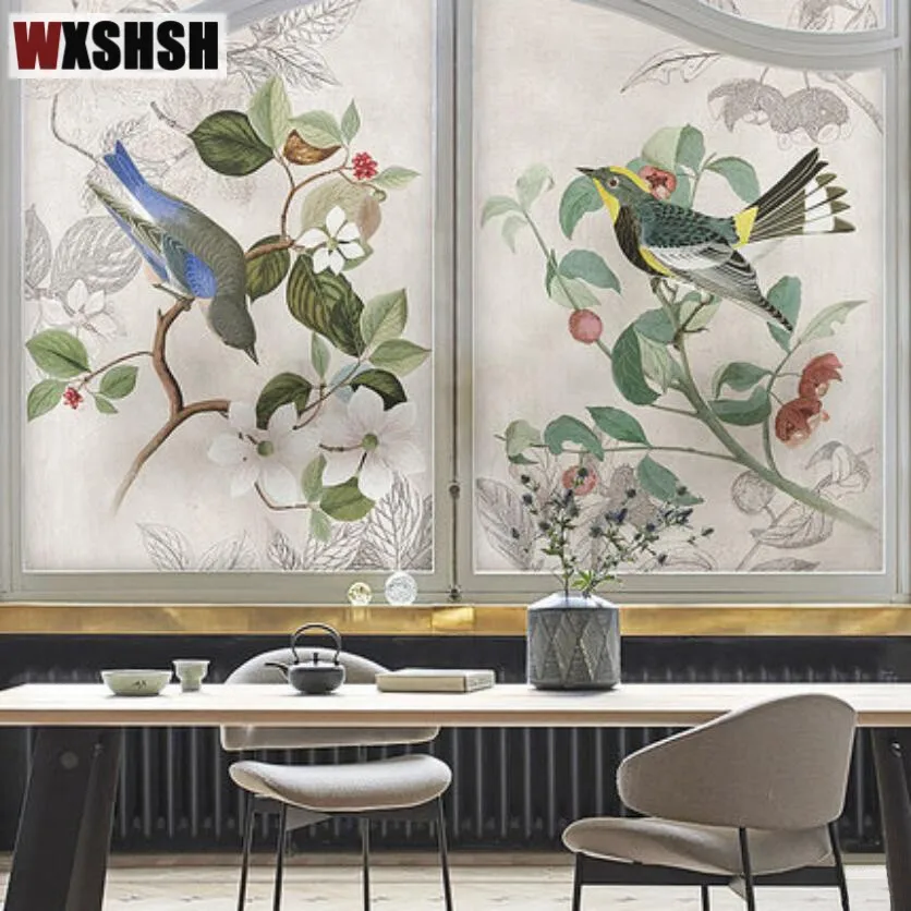 Static Cling Custom Size Window Film PVC Birds and Flower Painting Private Stained Glass Foil For Door Partition Cabinet | Дом и сад