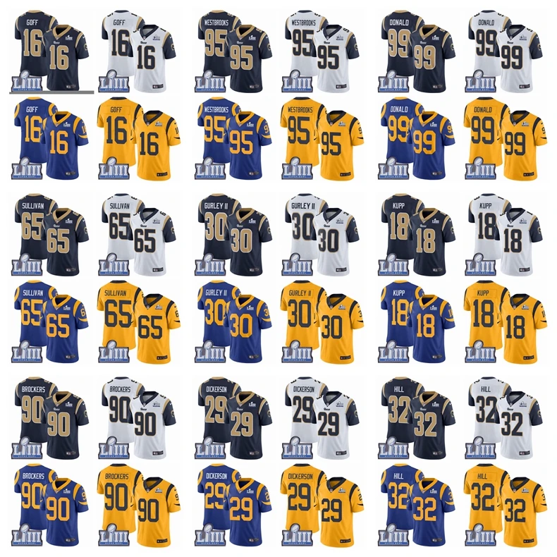 Супер Rams Bowl Лос-Анжелес Джерси 16 Джаред Гофф 30 Тодд Герли II 99 Аарон Дональд все Прошитые американские футбольные майки