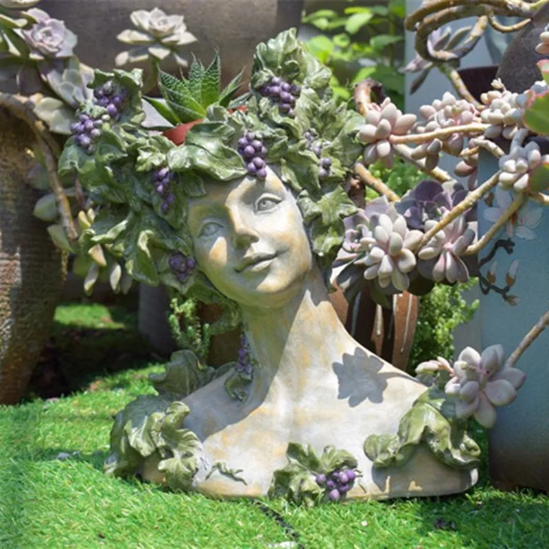 American Country Style Cute Ornament Grape Succulents Beauty Girl Flower Pot Resin Human Face Arts Cartoon Plant Art Houseplant Handmade Art Home Garden Desktop Decoration R3019