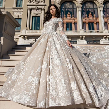 

Supper Gorgeous Long Sleeve Crystal Appliques Lace Flowers Champagne Ball Gown Wedding Dress With Cathedral Royal Train Alibaba
