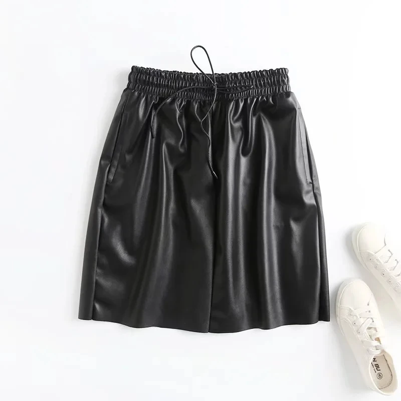 Jenny&Dave Faldas Mujer Moda 2024 England Style Simple Solid Skirts Womens Pu Leather Drawstring Skirt Women Casual Sexy Mini